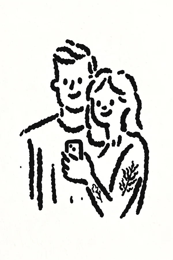 Hand-drawn illustration of two customers looking at a phone together