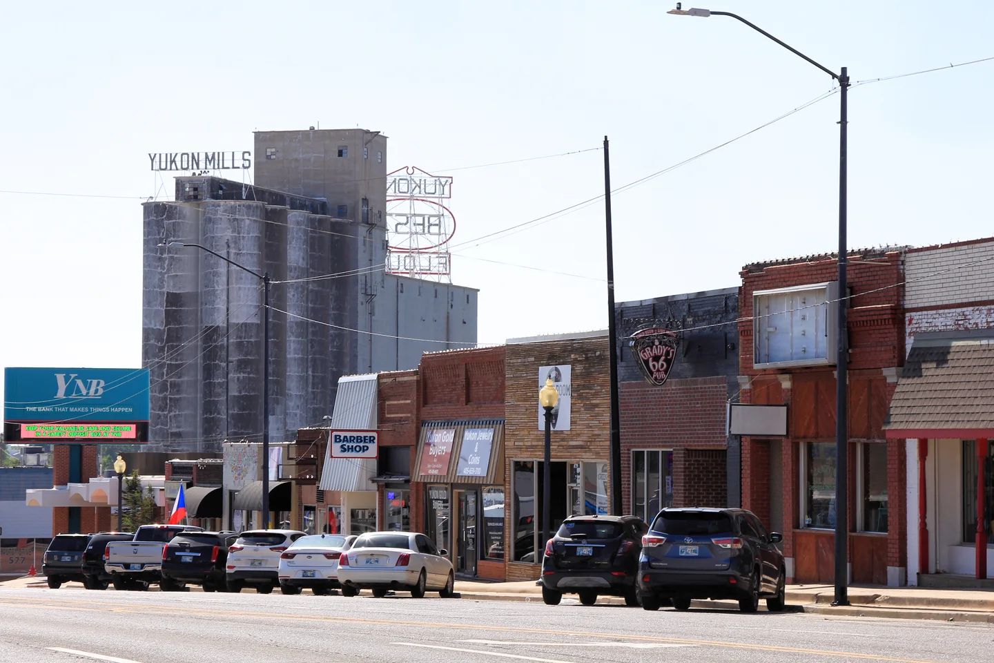 Brick storefronts along downtown Yukon, Oklahoma
