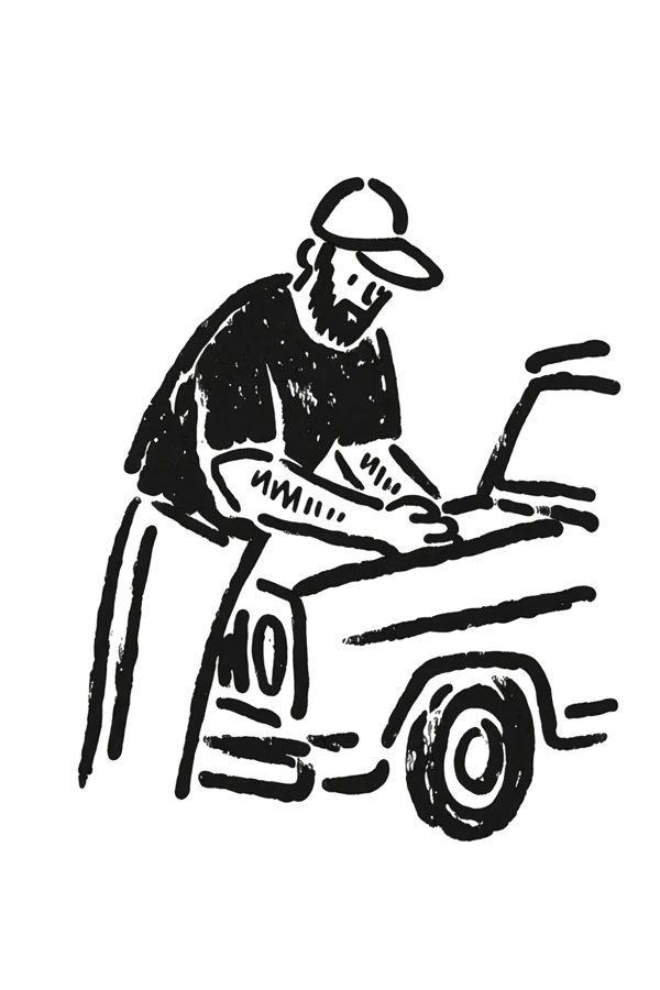 Hand-drawn mechanic working under a car hood