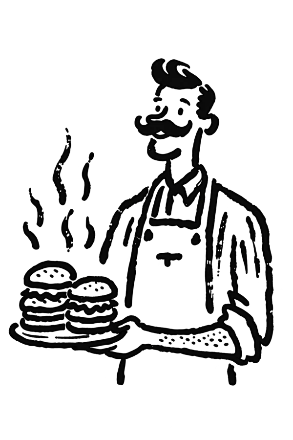 Hand-drawn restaurant owner serving a plate of burgers