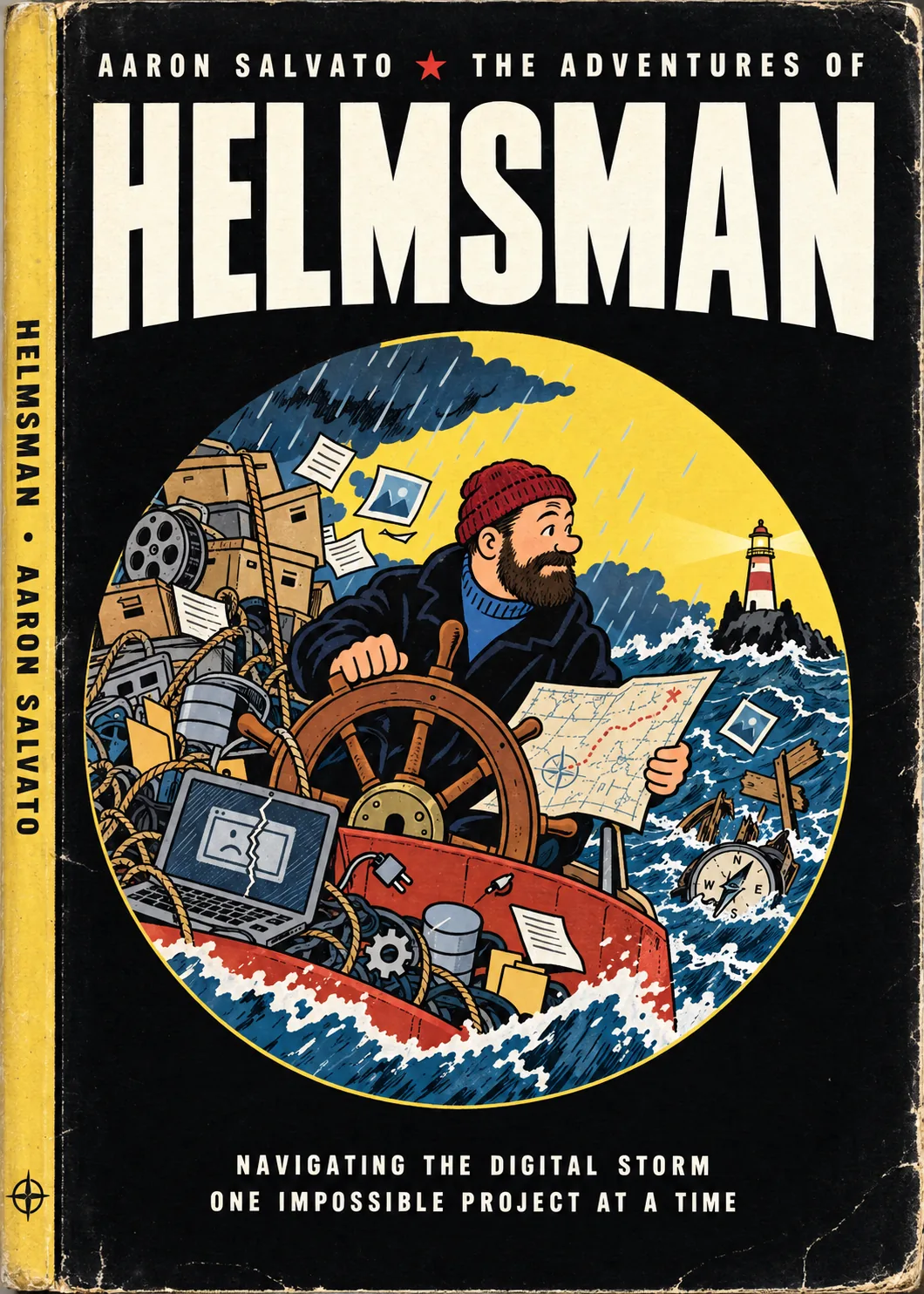 Vintage illustrated Helmsman cover: Aaron steering a ship through a storm, with archives and digital tools aboard and a lighthouse ahead.