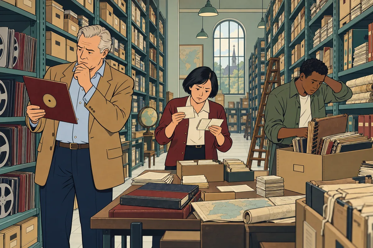 Conceptual illustration: A senior pastor and archive team struggle to connect recordings and manuscripts to an inconsistent index.