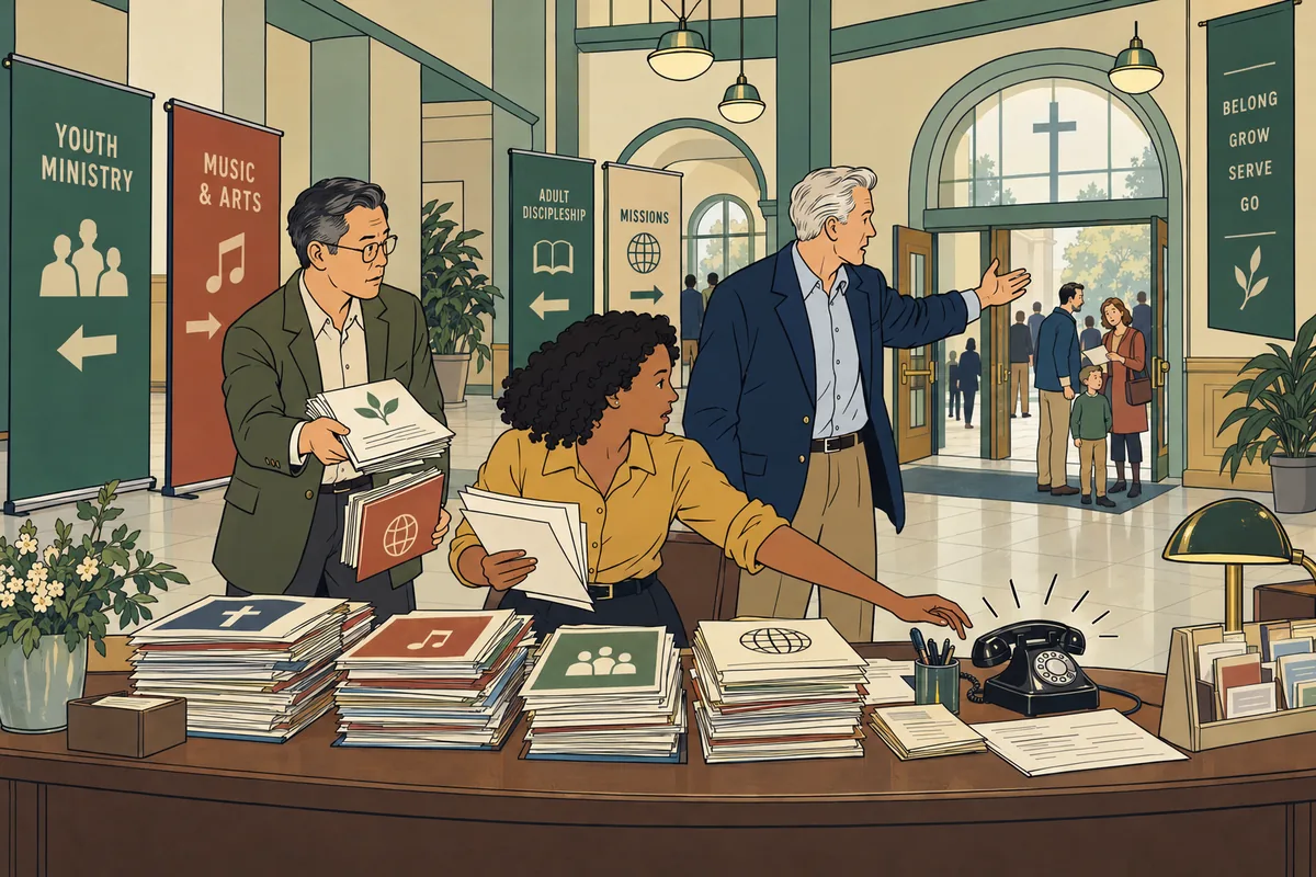 Conceptual illustration: Church staff juggle conflicting ministry information while visitors search for direction.