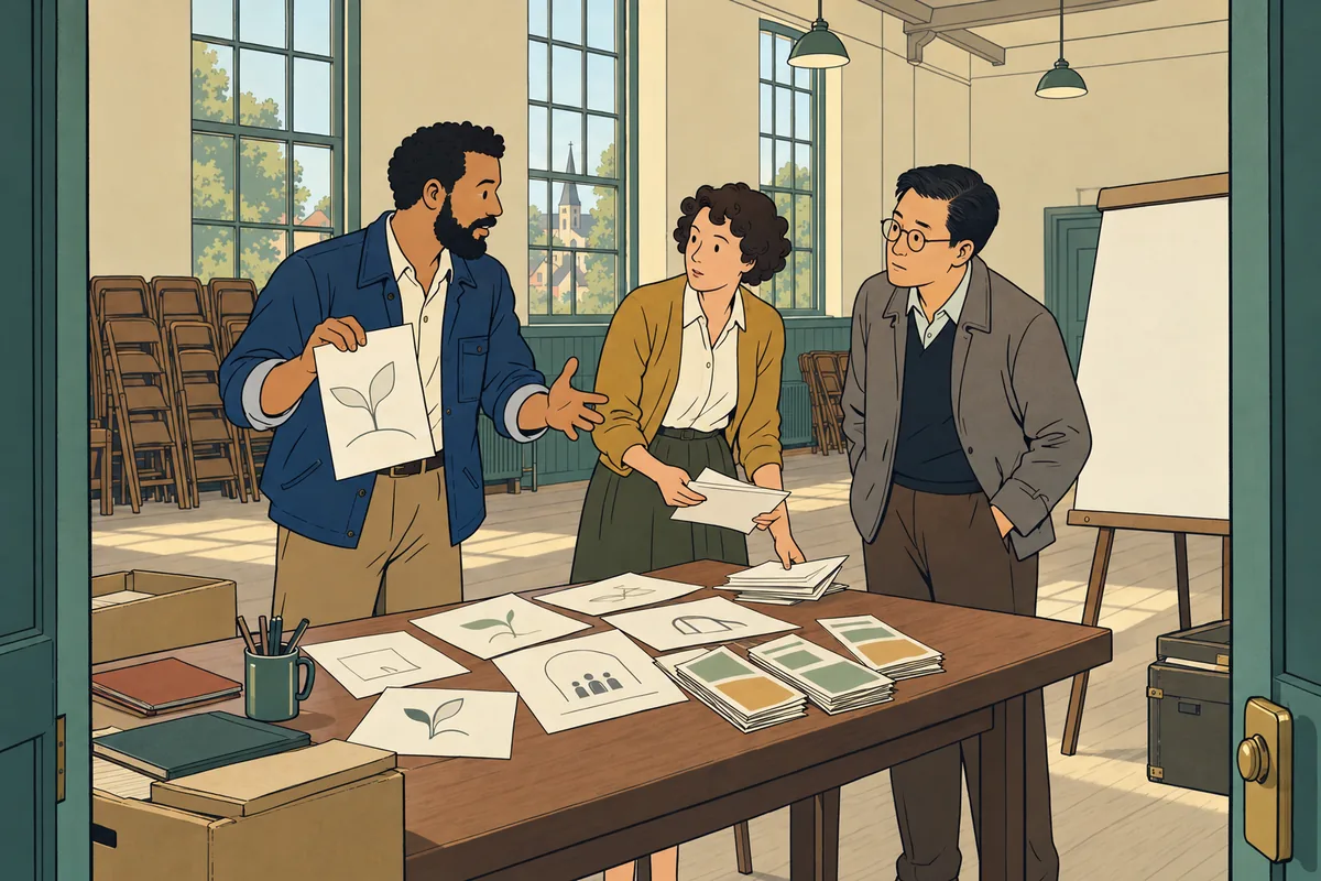 Conceptual illustration: Church founders in a rented hall explain their vision with unfinished identity sketches.