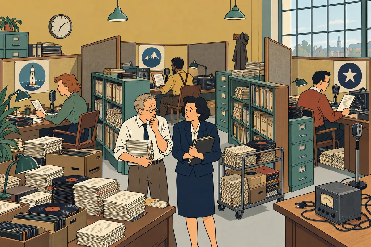 Conceptual illustration: Three hosts record in separate corners while worried managers face accumulating records and disconnected work.