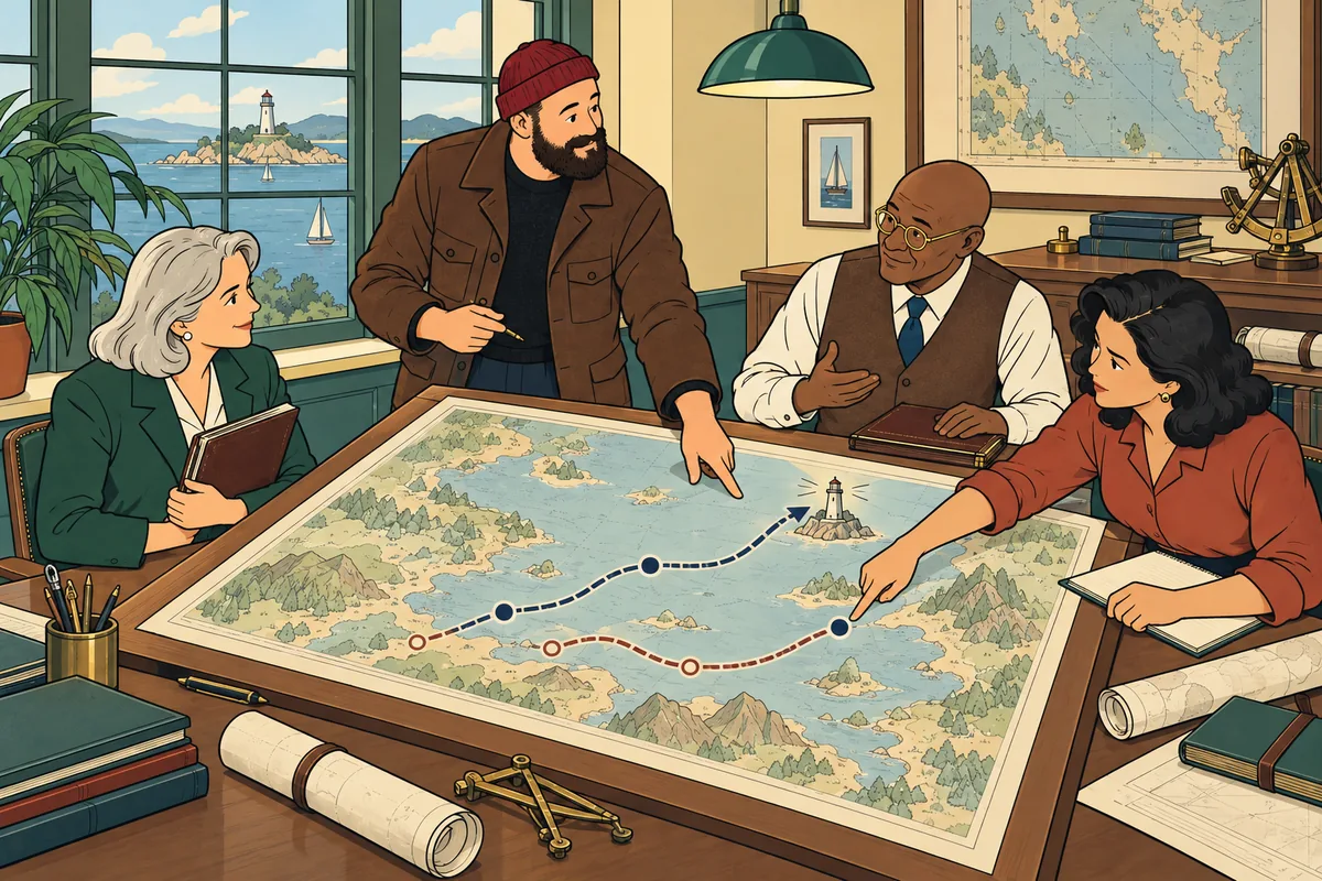 Conceptual illustration: Aaron guides the leadership team through a recommended route, milestones and an alternative on a shared chart.