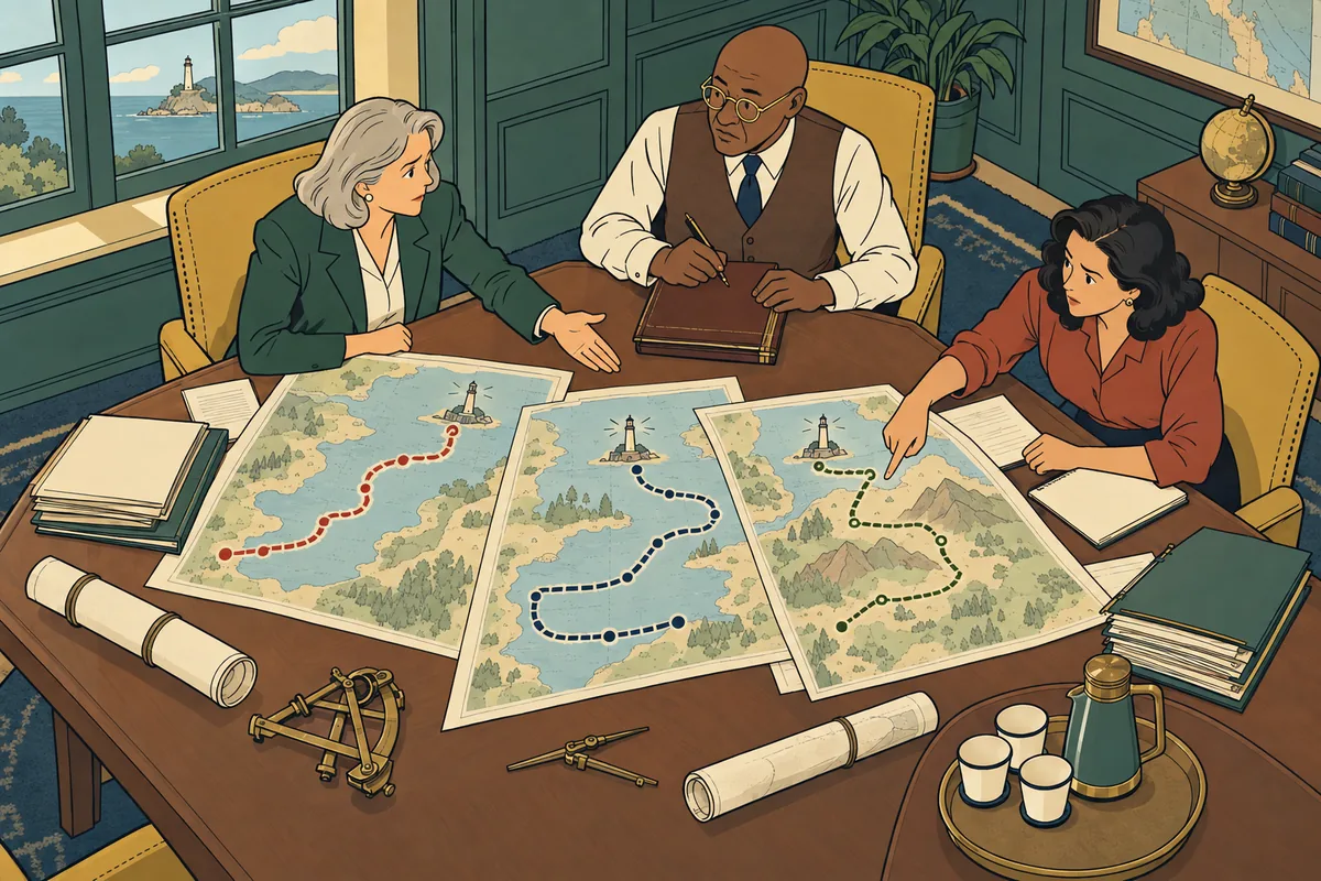 Conceptual illustration: Leaders consider conflicting route maps and hesitate over an investment decision.