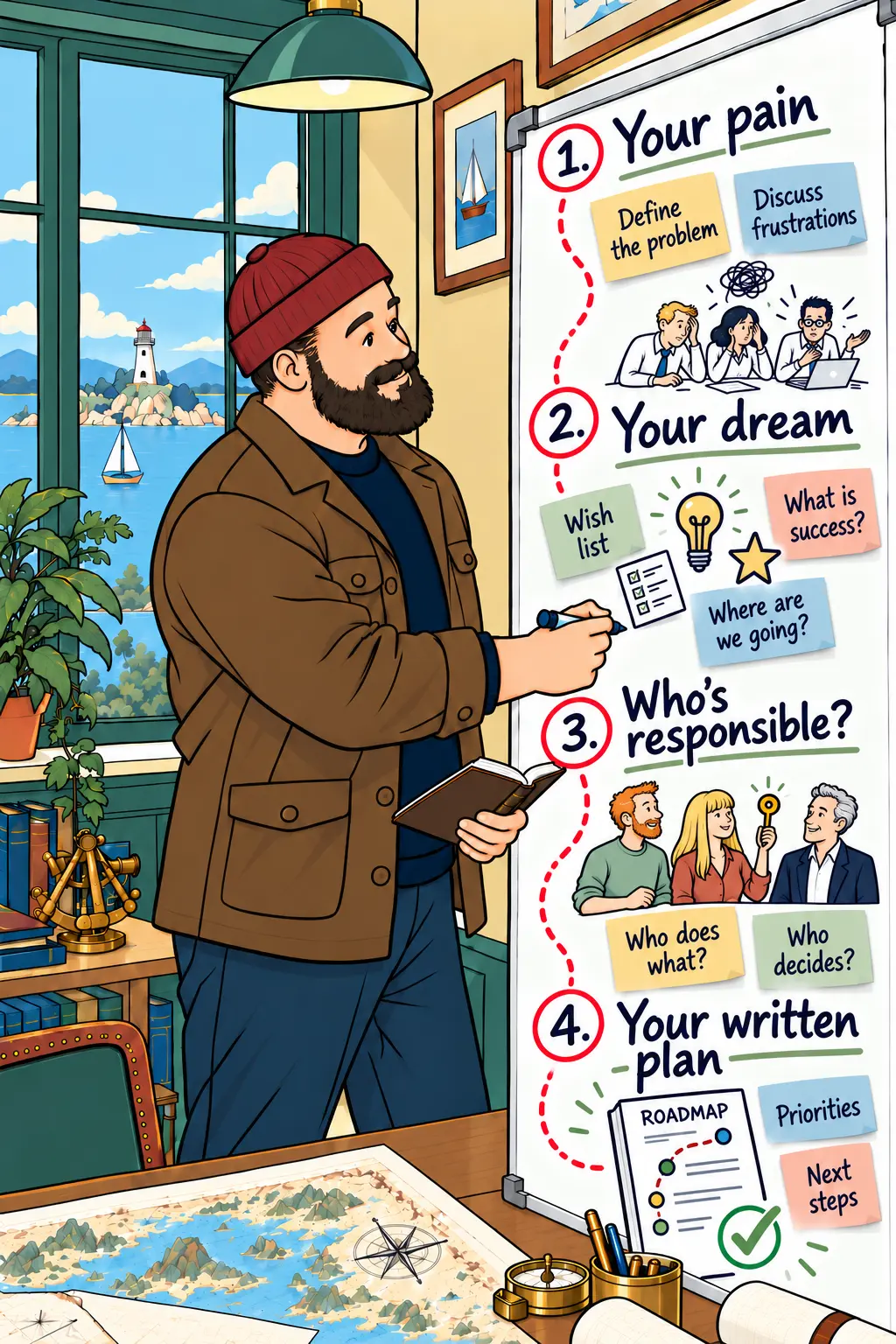 Illustration: Aaron at a whiteboard mapping the Roadmap in four steps: your pain, your dream, who’s responsible and your written plan.